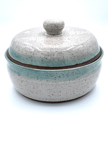 Bowl with lid in Spiced Cream and Teal glaze