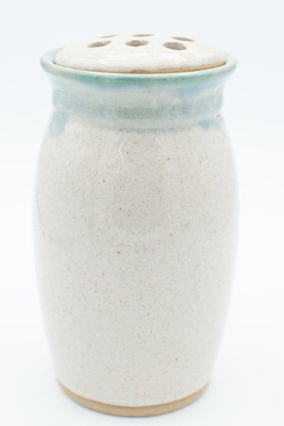 Vase with flower frog in spiced cream and teal glaze