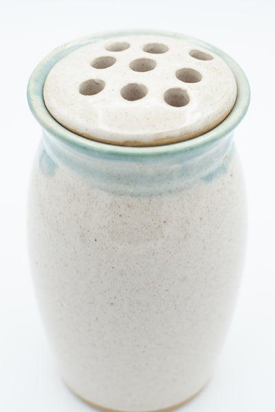 Vase with flower frog in spiced cream and teal glaze