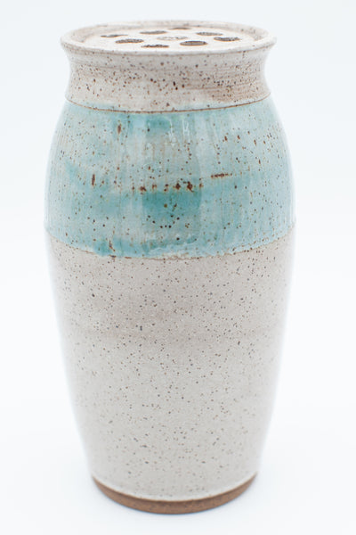 Vase with flower frog and spiced cream and teal glaze