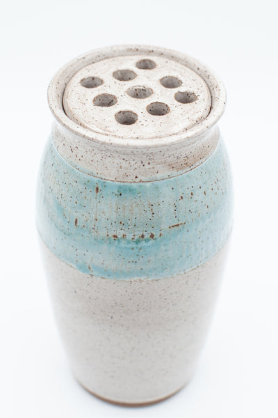 Vase with flower frog and spiced cream and teal glaze