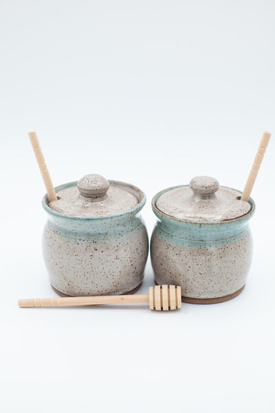 Honey jar in speckled clay with spiced cream and teal glaze