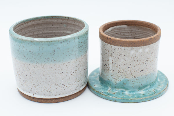 Butter bell in Aspen white and Teal glaze