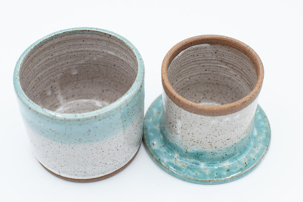 Butter bell in Aspen white and Teal glaze