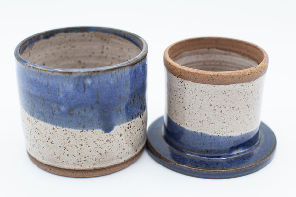 Butter bell in speckled clay with Aspen white and blue glaze