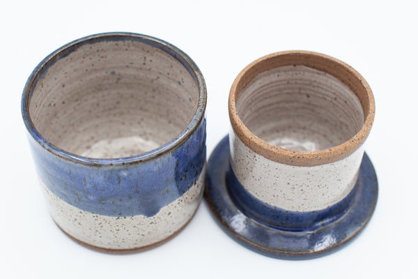 Butter bell in speckled clay with Aspen white and blue glaze