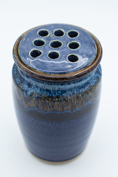 Vase with flower frog in Starry Night glaze