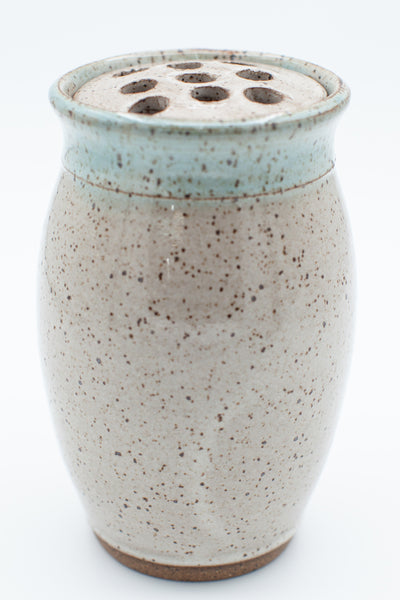 Vase with flower frog in spiced cream and teal glaze