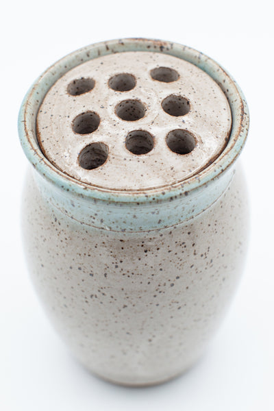 Vase with flower frog in spiced cream and teal glaze