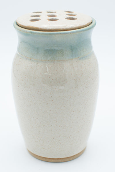 Vase with flower frog in spiced cream and teal glaze