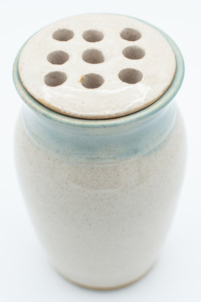 Vase with flower frog in spiced cream and teal glaze