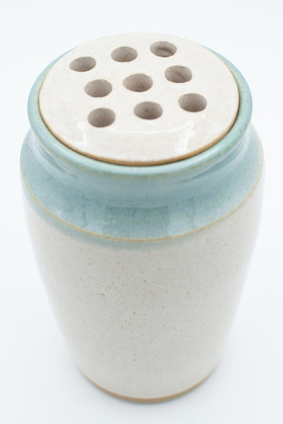 Vase with flower frog in spiced cream and teal glaze