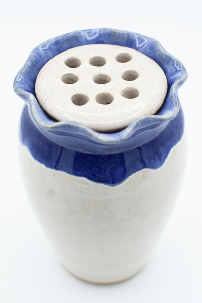 Vase with fluted rim and flower frog in spiced cream and blue glaze