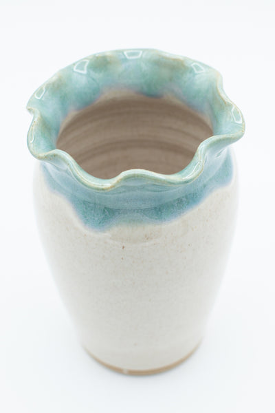 Vase with scalloped rim in spiced cream and teal glaze