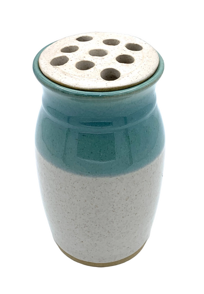Vase with flower frog in spiced cream and teal glaze