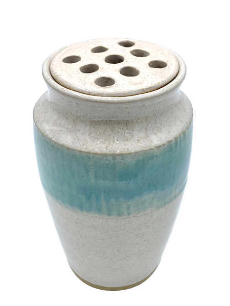 Vase with flower frog in spiced cream and teal glaze