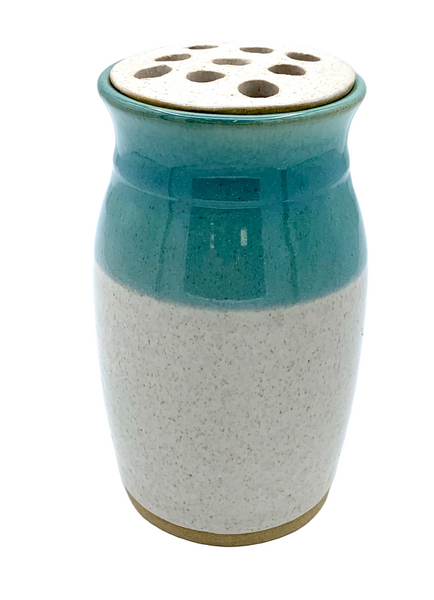 Vase with flower frog in spiced cream and teal glaze