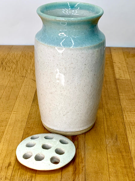 Vase with flower frog in spiced cream and teal glaze