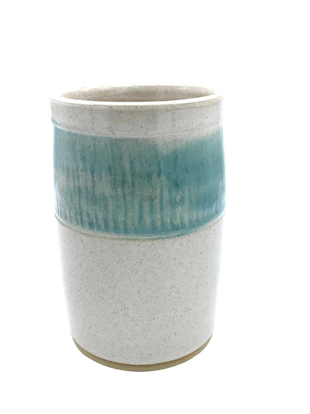 Utensil holder in spiced cream and teal glaze