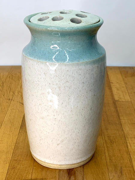 Vase with flower frog in spiced cream and teal glaze
