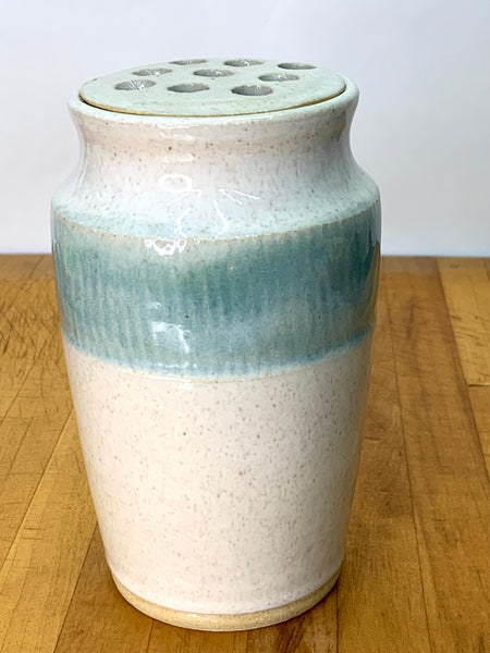 Vase with flower frog in Spiced Cream and Teal glaze