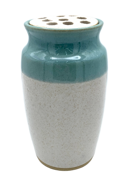 Vase with flower frog in Spiced Cream and Teal glaze