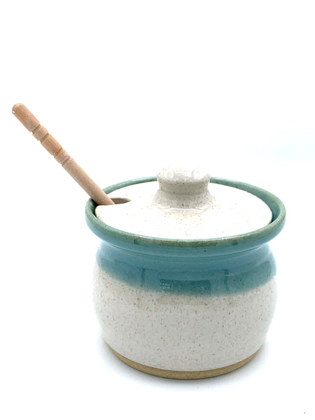 Honey Jar in Spiced Cream and Teal glaze