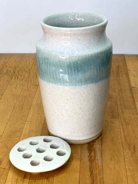 Vase with flower frog in Spiced Cream and Teal glaze