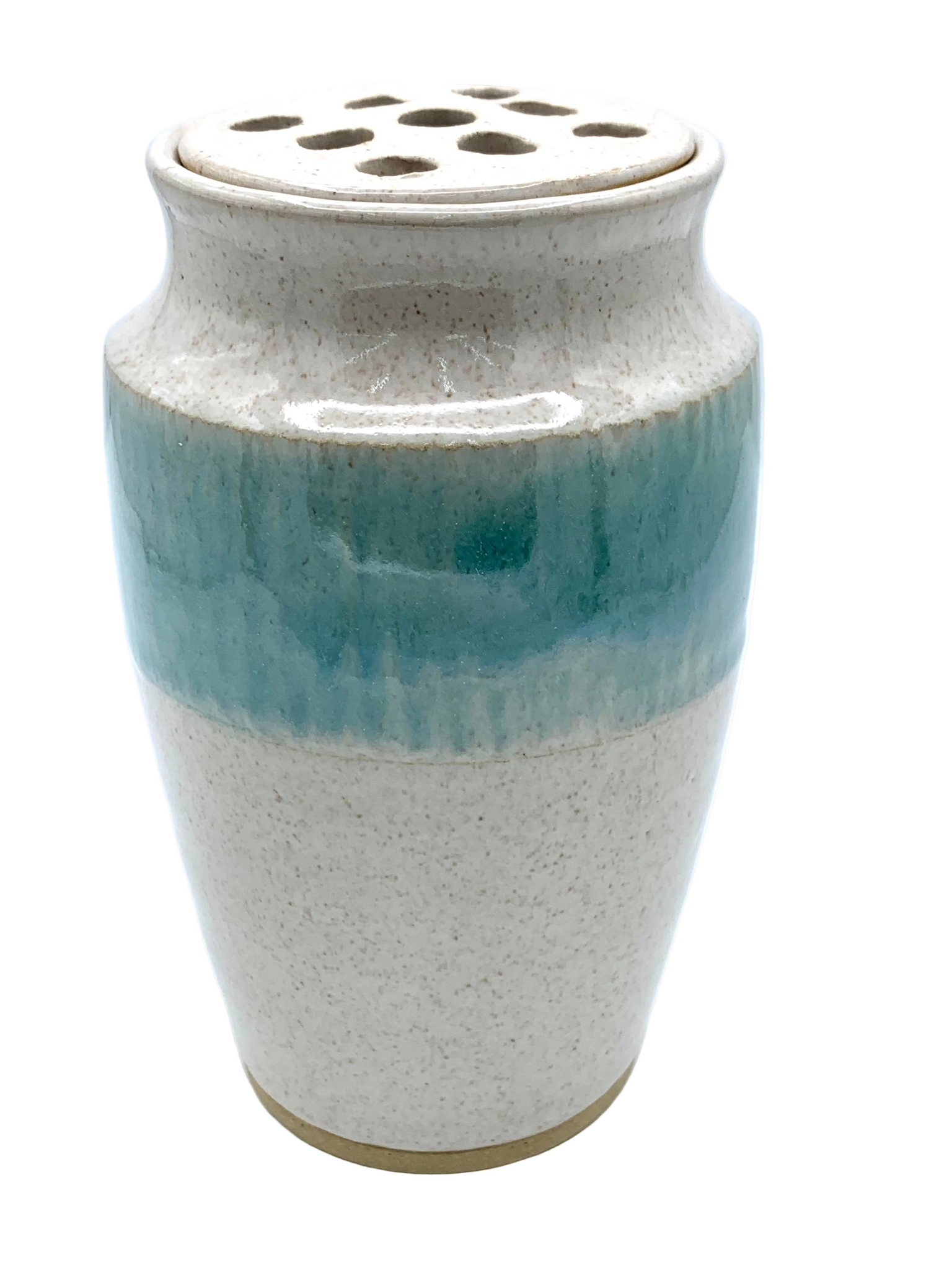 Vase with flower frog in spiced cream and teal glaze