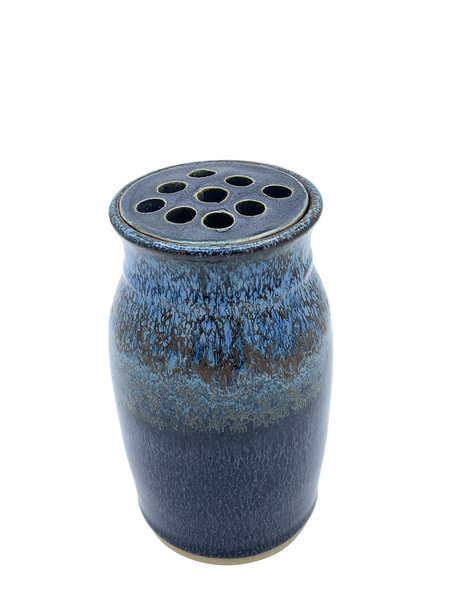 Vase with flower frog in Starry Night glaze