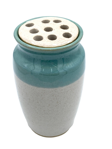 Vase with flower frog in Spiced Cream and Teal glaze