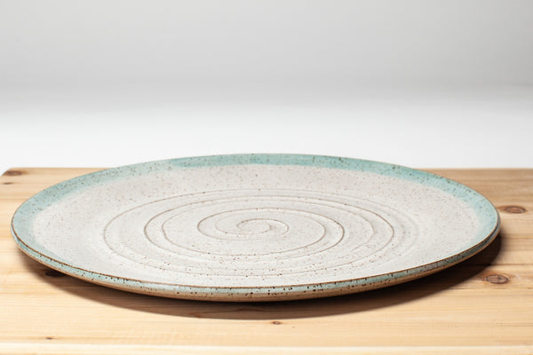 Large Platter in Speckled clay with Spiced Cream and Teal glaze