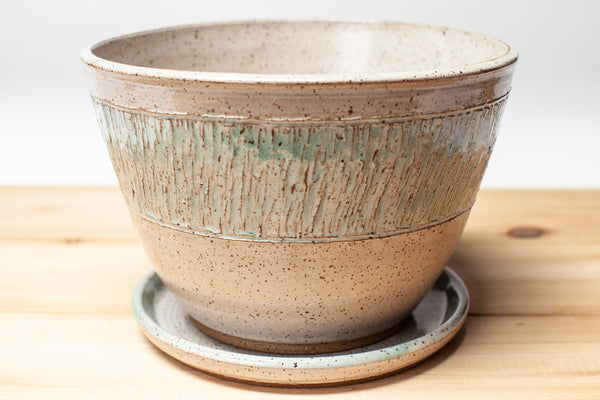 Planter in speckled clay with Spiced Cream and Teal glaze