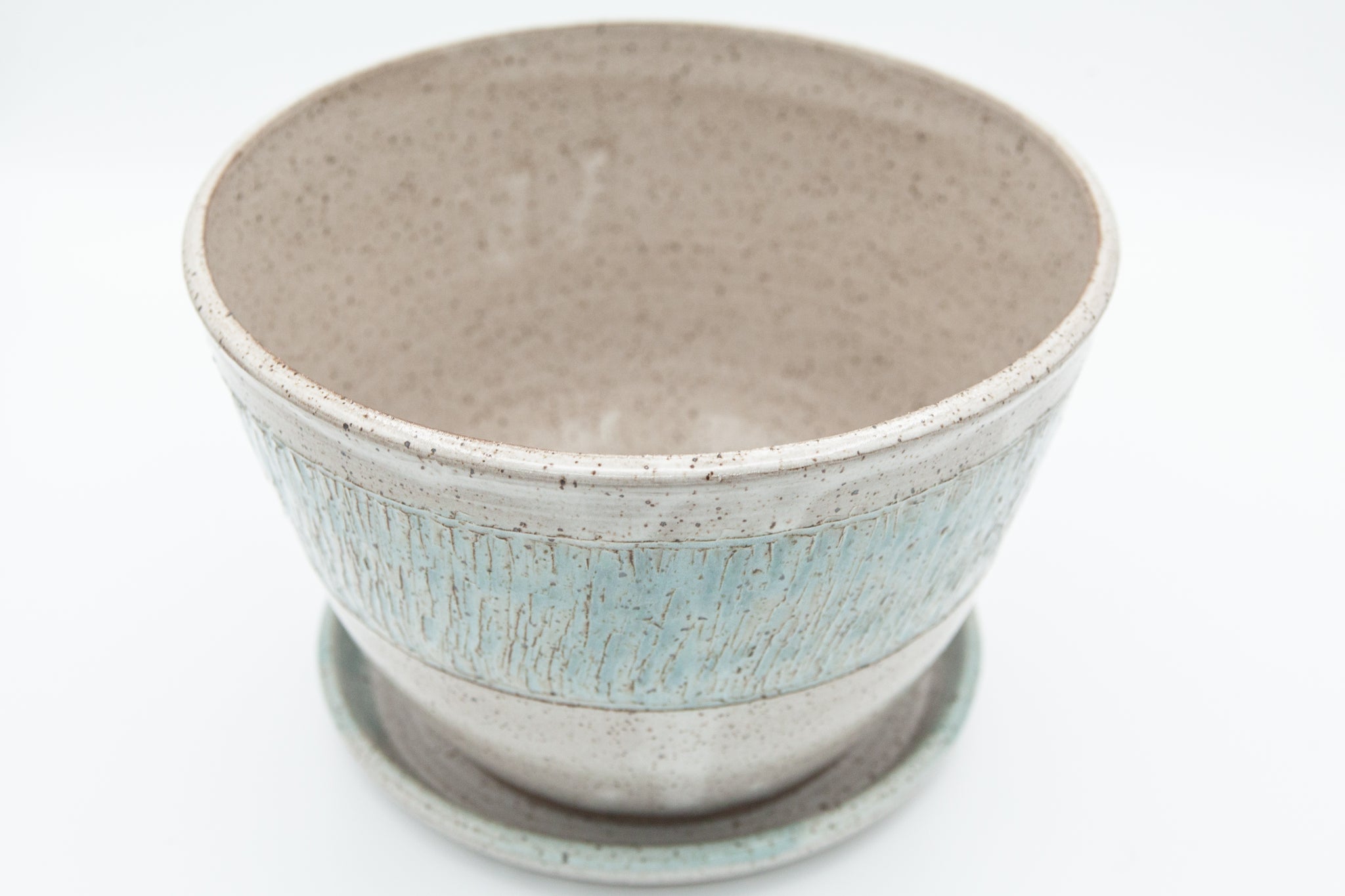 Planter in speckled clay with Spiced Cream and Teal glaze