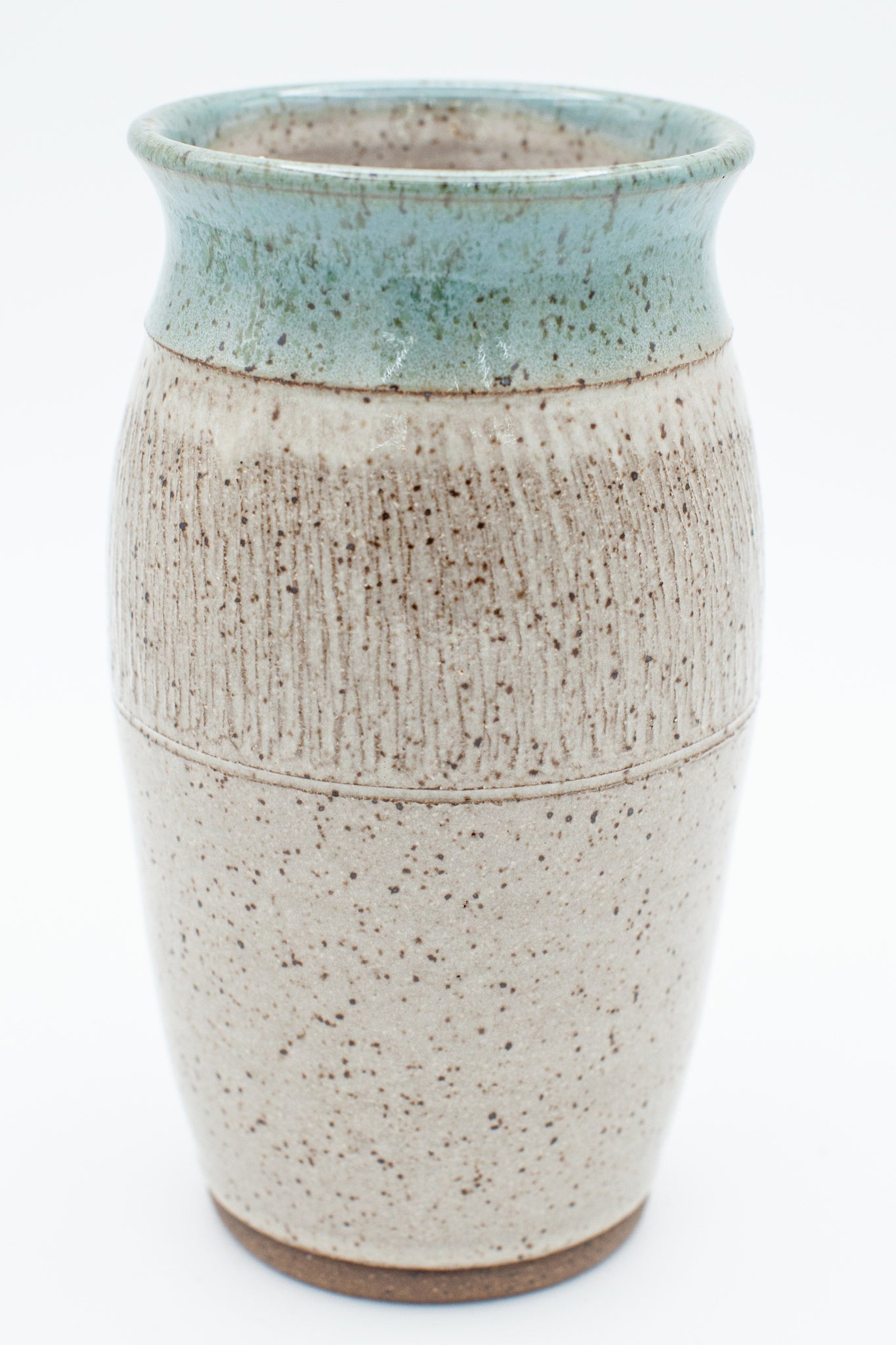 Vase in speckled clay with Spiced Cream and Teal glaze