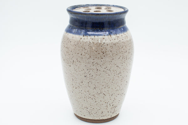 Vase with flower frog in speckled clay with Spiced Cream and Blue glaze