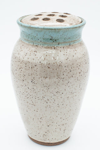 Vase with flower frog in Spiced Cream and Teal glaze