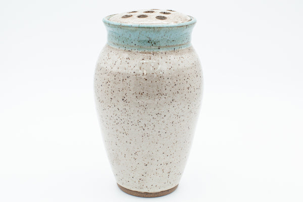 Vase with flower frog in Spiced Cream and Teal glaze