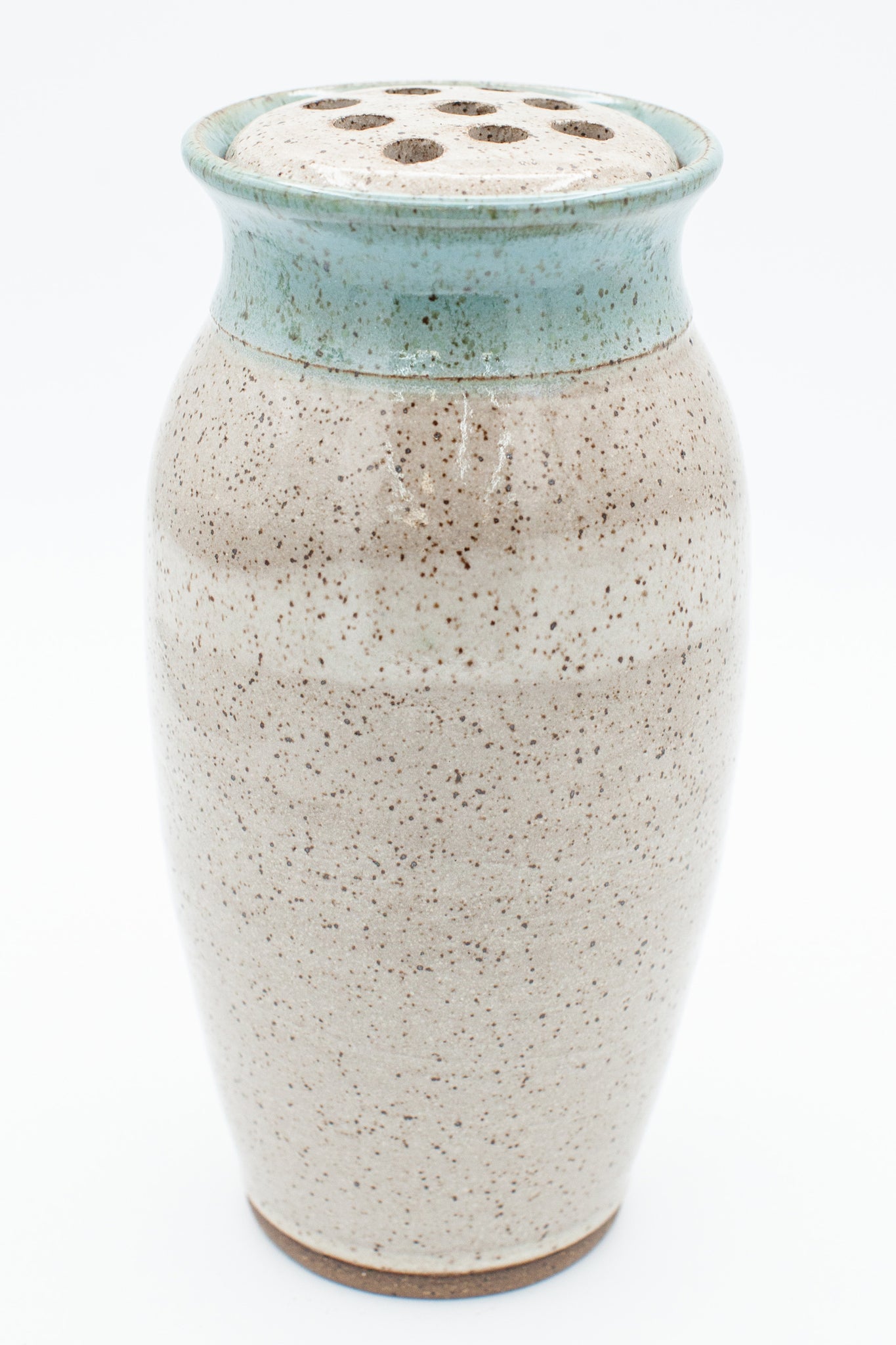 Vase with flower frog in Spiced Cream and Teal glaze