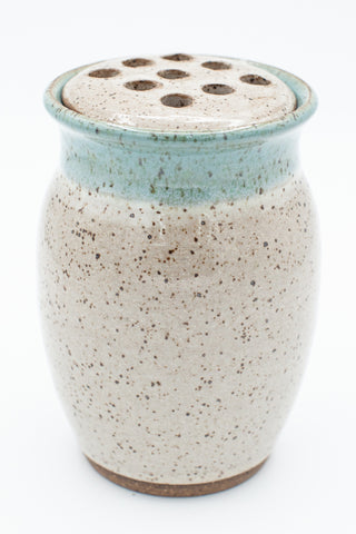 Vase with flower frog in Spiced Cream and Teal glaze