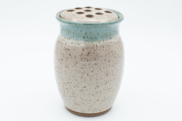 Vase with flower frog in Spiced Cream and Teal glaze