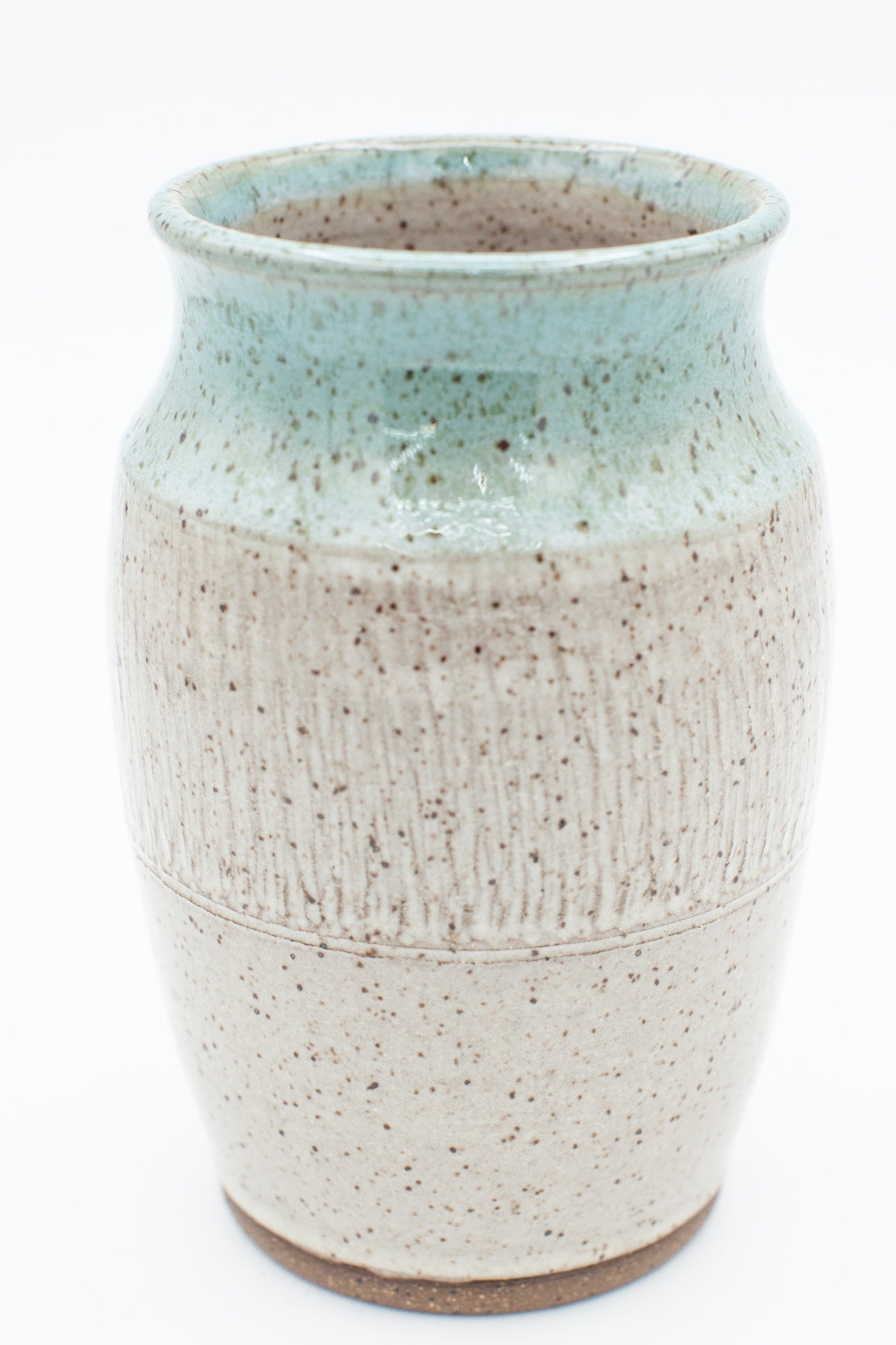 Vase in speckled clay with Spiced Cream and Teal glaze