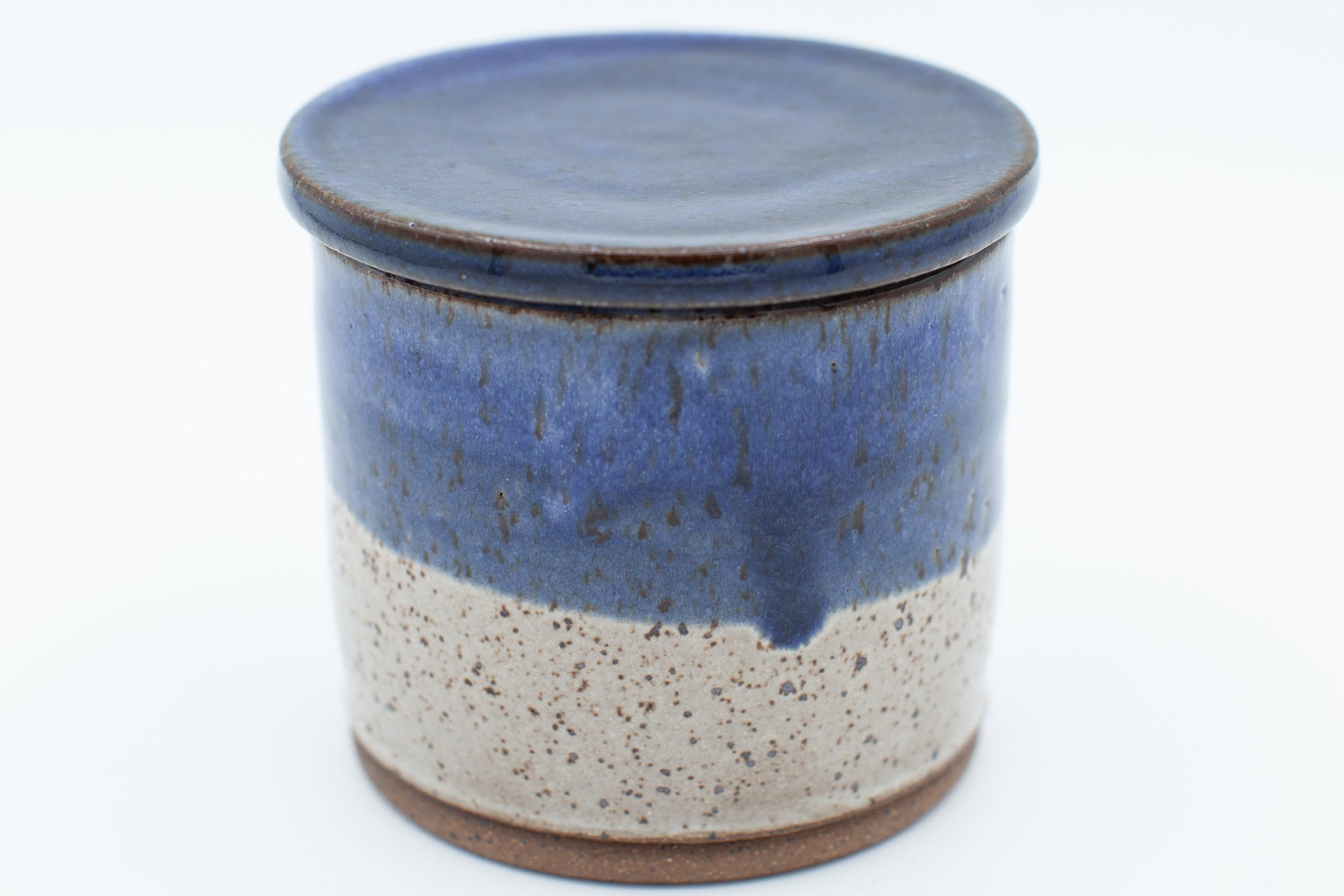 Butter bell in speckled clay with Aspen white and blue glaze