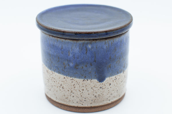 Butter bell in speckled clay with Aspen white and blue glaze