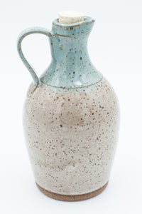 Oil bottle with cork stopper in spiced cream and teal glaze