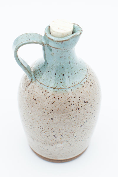 Oil bottle with cork stopper in spiced cream and teal glaze