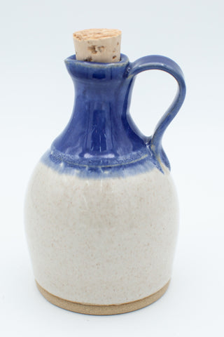 Oil bottle with cork stopper in spiced cream and blue glaze