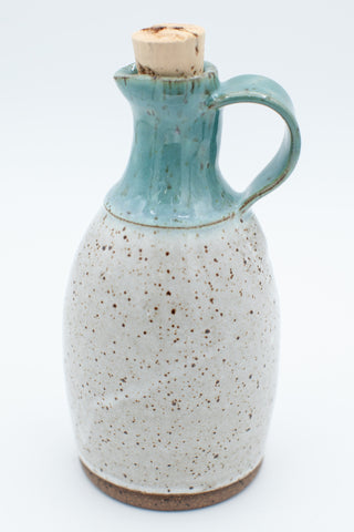 Oil bottle with cork stopper in Aspen white and teal glaze