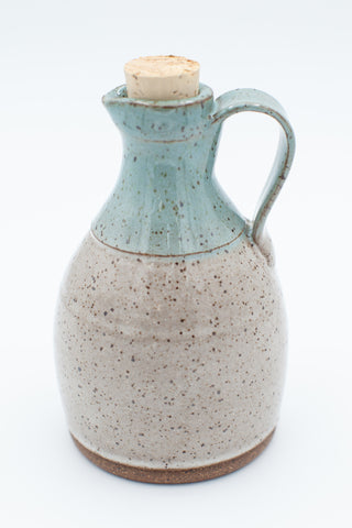 Oil bottle with cork stopper in spiced cream and teal glaze