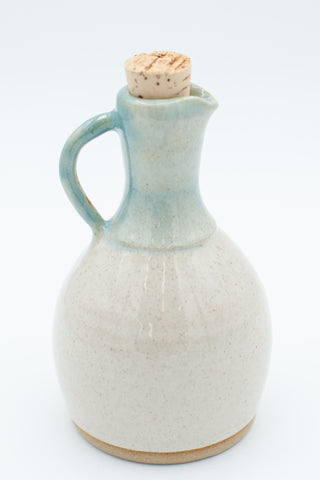 Oil bottle with cork stopper in spiced cream and teal glaze